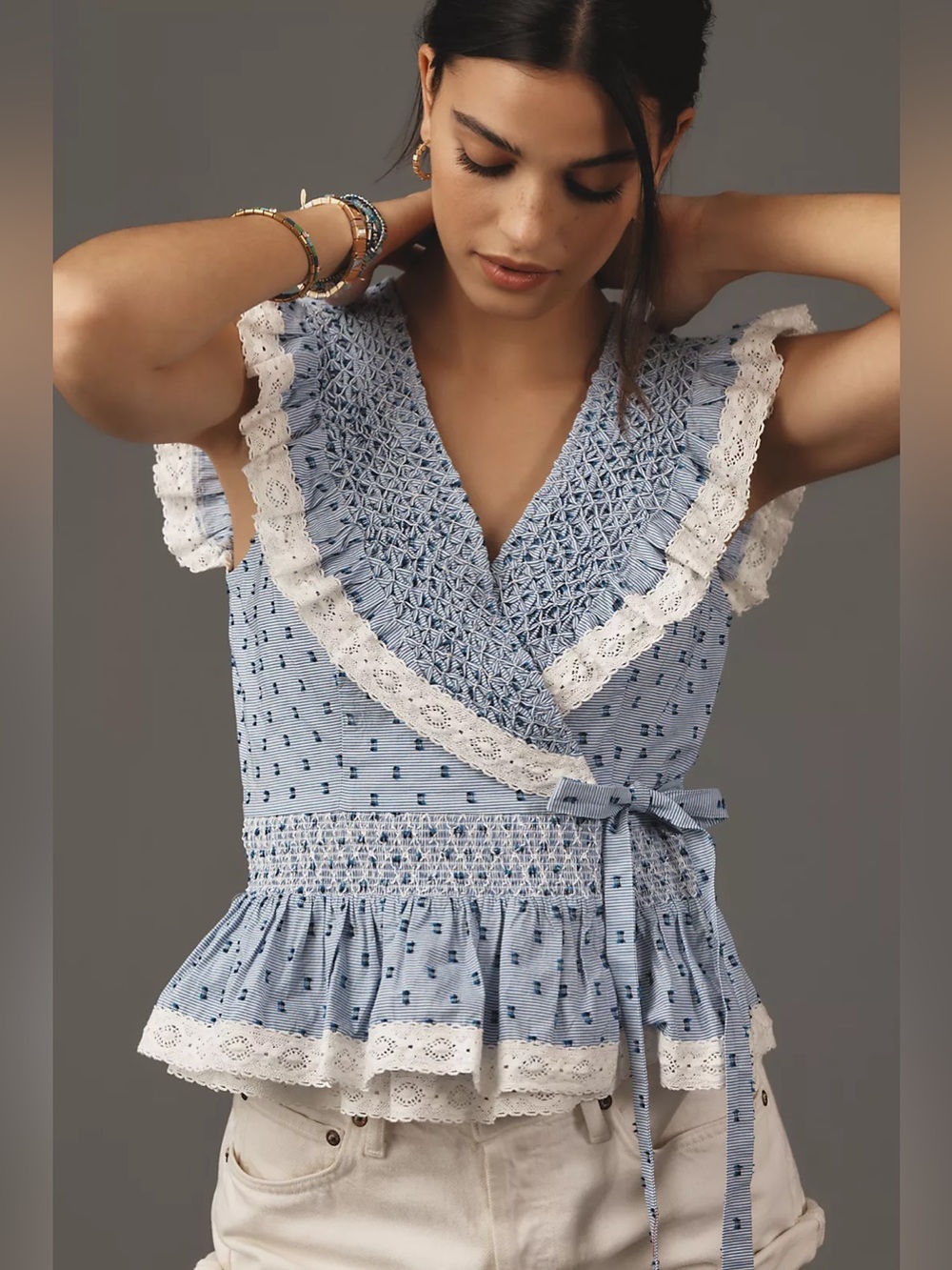 Anthropologie Maeve Blue White Smocked Ruffle Lace Wrap Blouse Top Size M